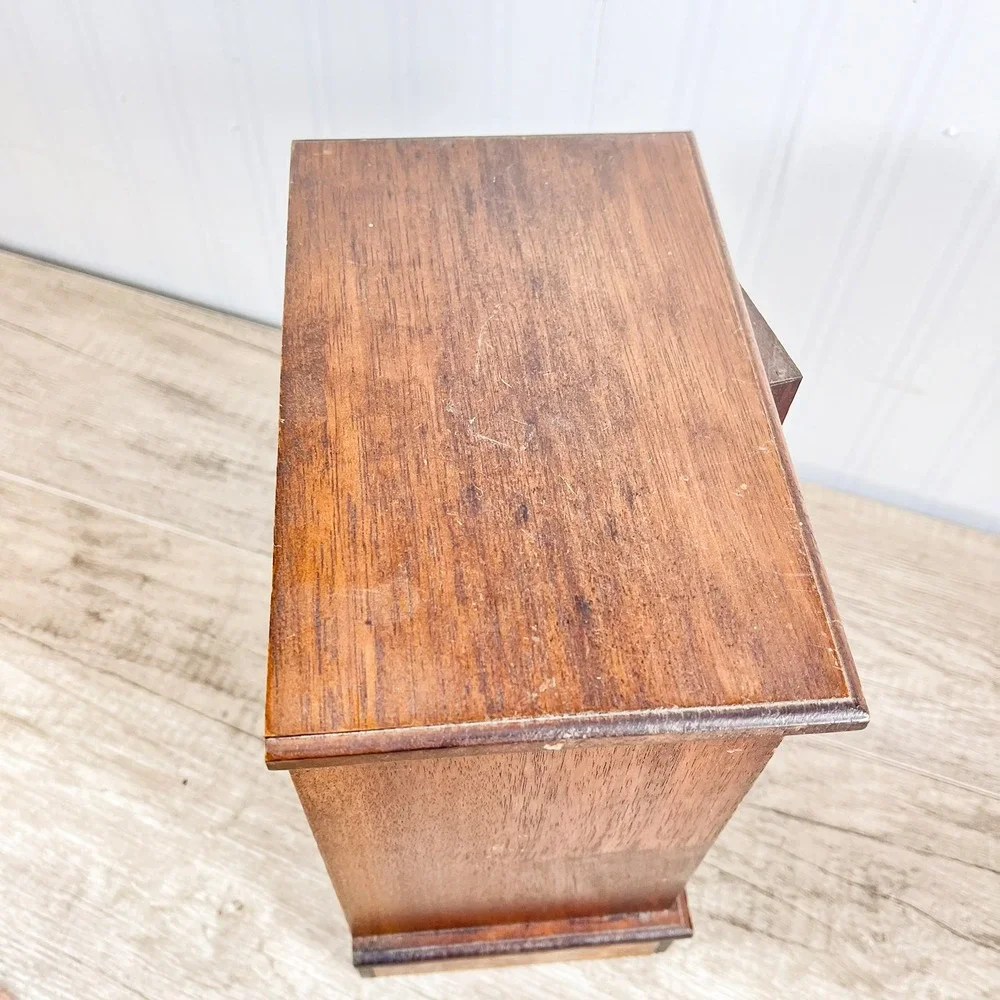 Vintage‎ Wood Musical Jewelry Box Armoire Cabinet Mesh Doors Brown Gold Hardware